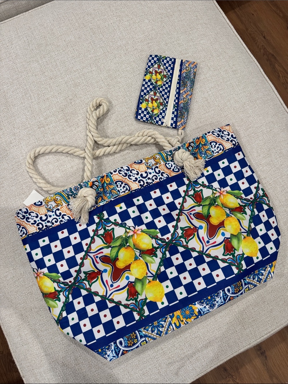 Blue Lemon-Print Canvas Tote with Rope Handles
